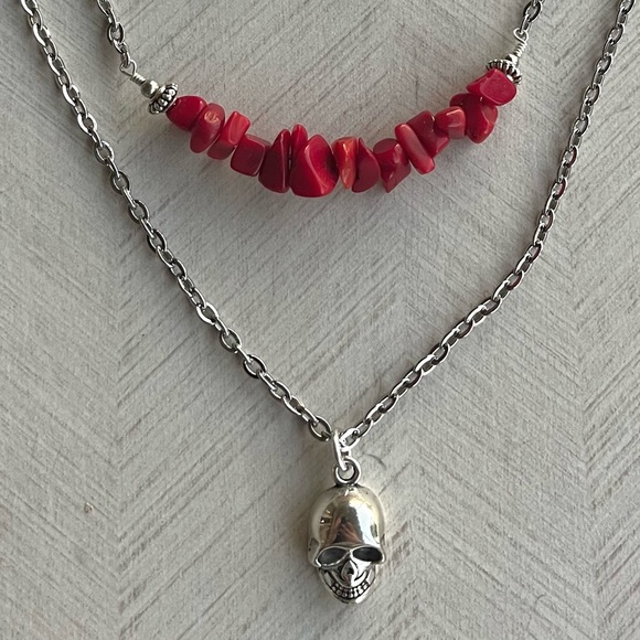 Set ! Red coral skull double layer necklace + matching skull earrings goth boho - Picture 10 of 16